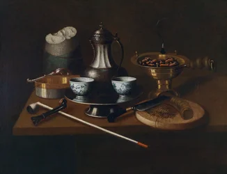 A Still Life of Roasted Chestnuts, Coffee, and Smoking Utensils on a Tabletop